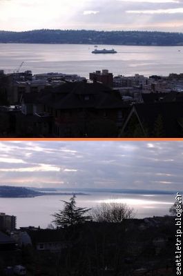 Un ferry boat et un paysage typique de Seattle